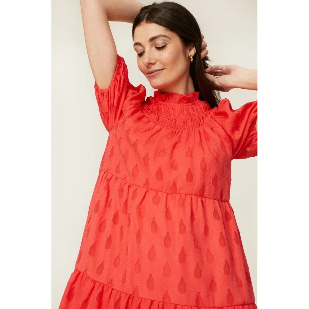 Donna Morgan Puff Sleeve Tiered Mini Dress Women's Size 14‎ Textured Dots